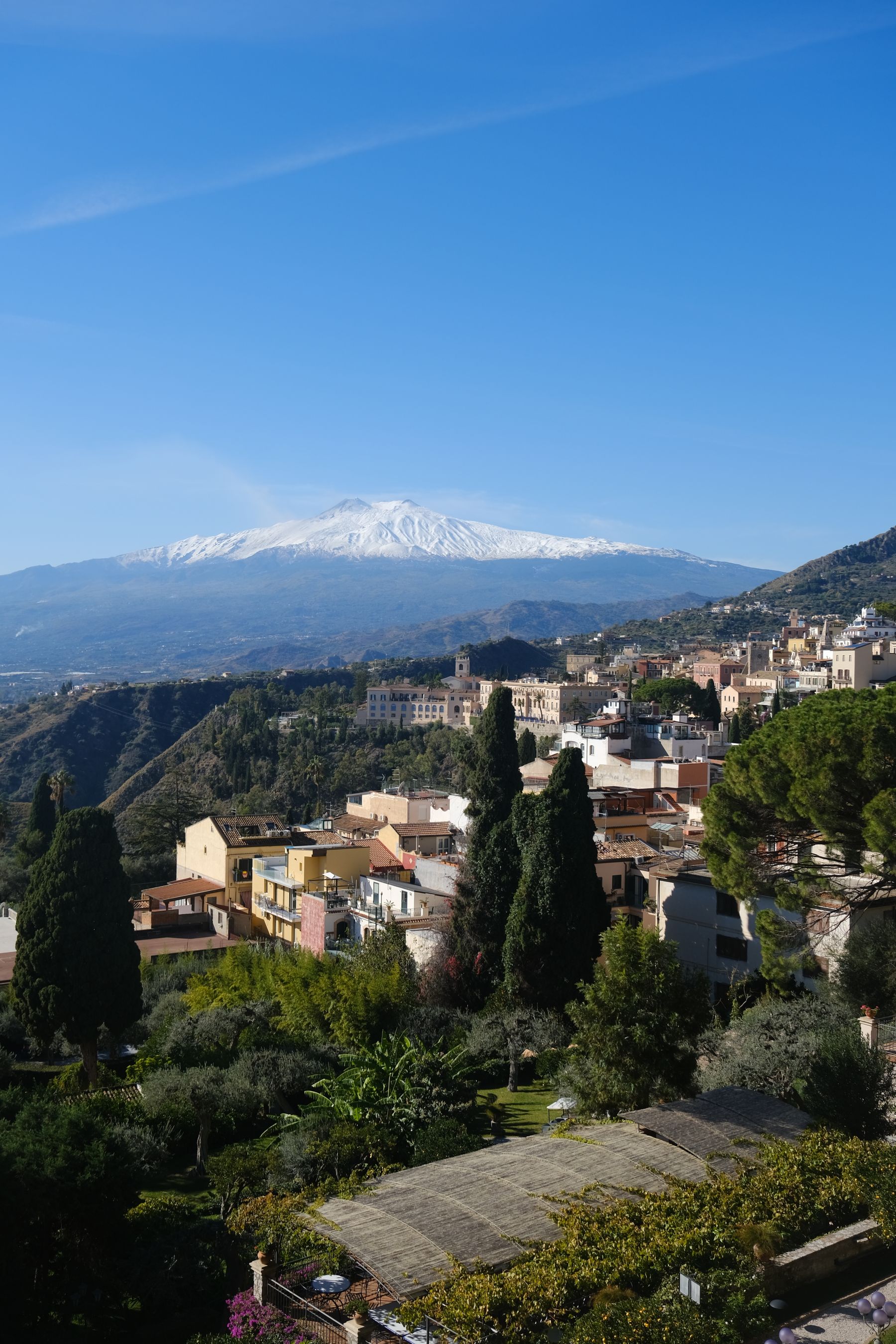Mount Etna rising above an eastern Sicilian town beneath a clear sky