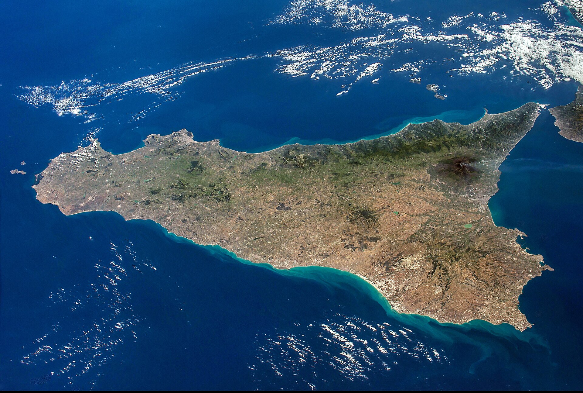 Cloudless satellite view of Sicily and the surrounding sea