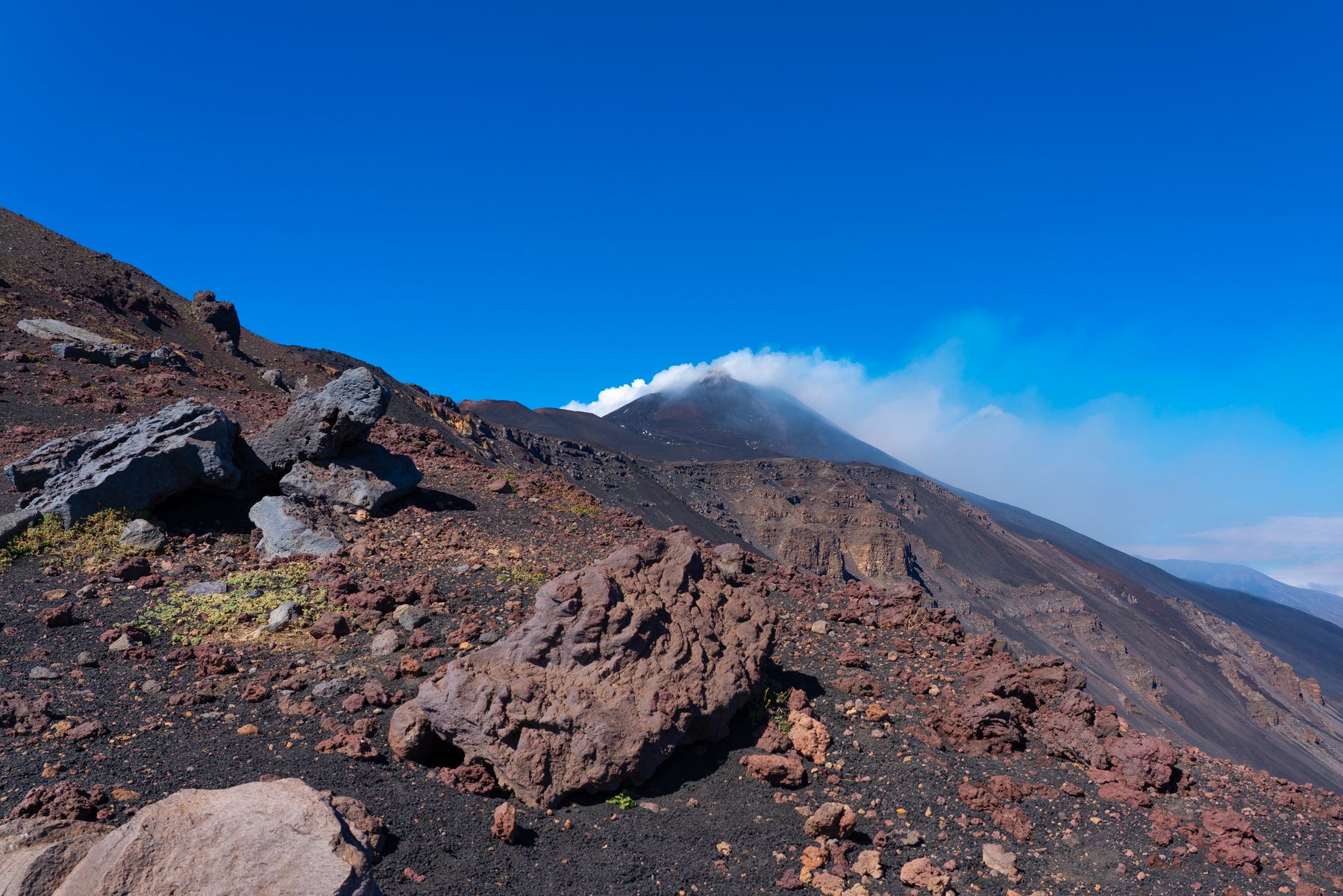 Mount Etna’s barren volcanic landscape with crater and dark lava