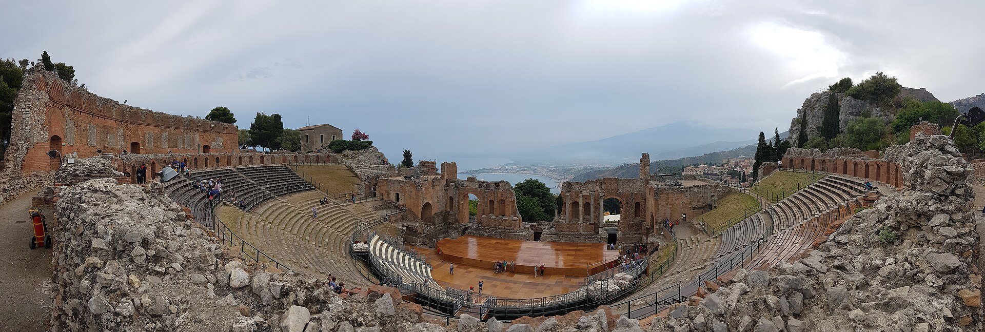 Panorama across the stage building and seating of Taormina’s ancient theatre